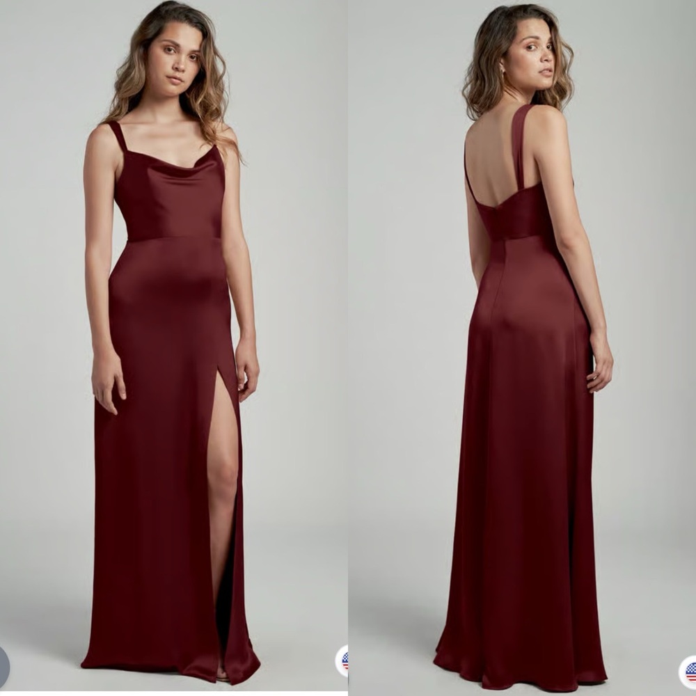 Jenny Yoo Burgundy Satin Cowl Neck Slip Gown with Thigh Slit